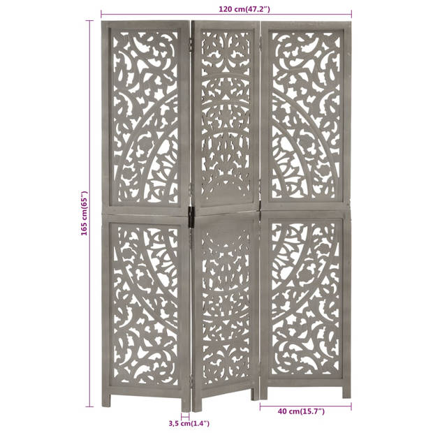 vidaXL Kamerscherm 3 panelen handgesneden 120x165 cm mangohout grijs