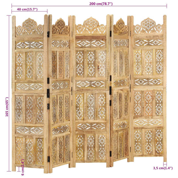 vidaXL Kamerscherm 5 panelen handgesneden 200x165 cm massief mangohout