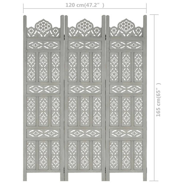 vidaXL Kamerscherm 3 panelen handgesneden 120x165 cm mangohout grijs