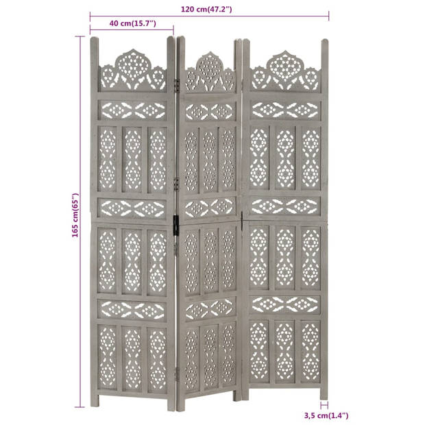 vidaXL Kamerscherm 3 panelen handgesneden 120x165 cm mangohout grijs