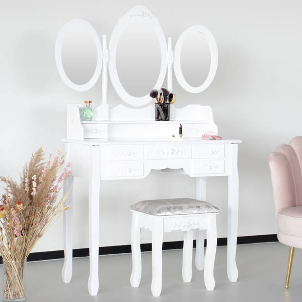 Kaptafel Bella make-up tafel wit inclusief zitbankje en spiegel