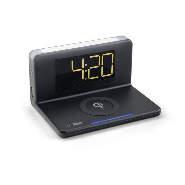 Caliber Digitale Wekker met Draadloze Oplader - Dual Alarmklok - Groot Wit Display - Zwart (HCG018QI-B)