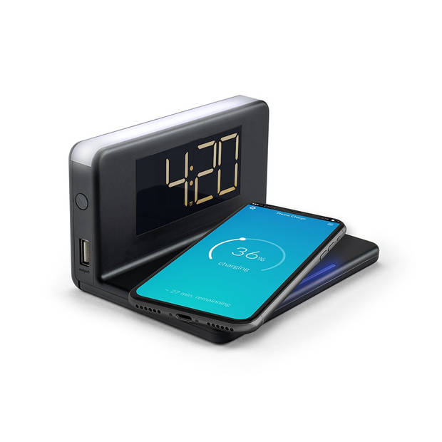 Caliber Digitale Wekker met Draadloze Oplader - Dual Alarmklok - Groot Wit Display - Zwart (HCG018QI-B)