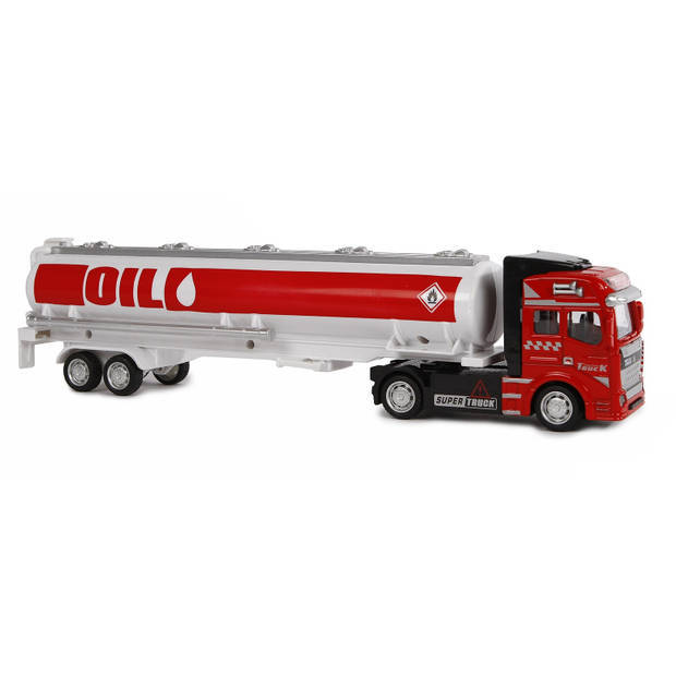 2-Play vrachtwagen met oplegger tankauto pull-back 32 cm rood