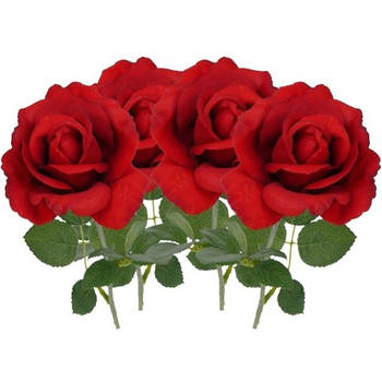 4x Kunstbloemen roos rood 37 cm - Kunstbloemen