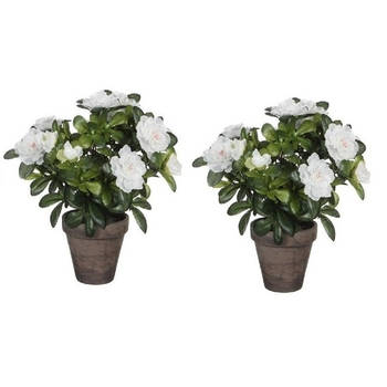 2x Groene Azalea kunstplanten met witte bloemen 27 cm met pot stan grey - Kunstplanten