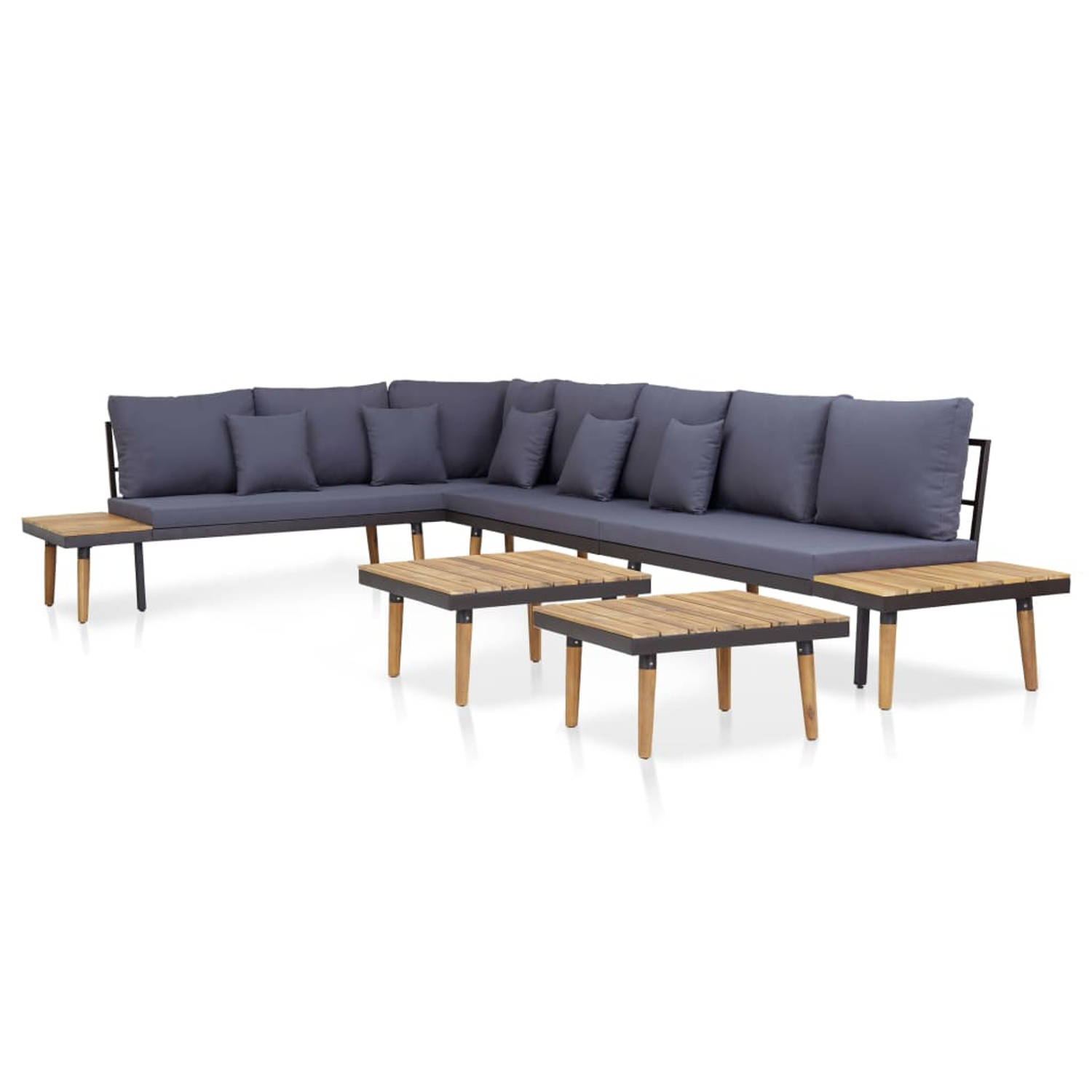 The Living Store Loungeset 7-zits - Acaciahout - Stalen frame - Comfortabele kussens - Bruin/donkergrijs - 310x200x65 cm