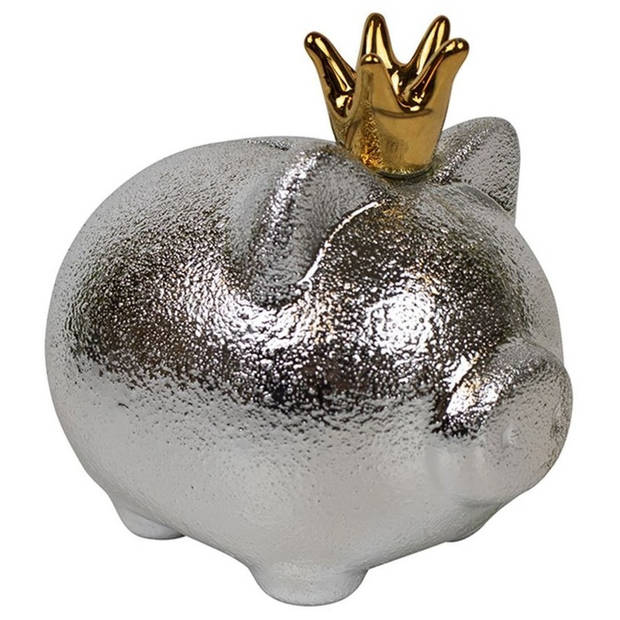 Spaarpot spaarvarken zilver met kroon 16 x 15 cm - Dieren spaarpotten varkens/biggen voor kinderen en volwassenen