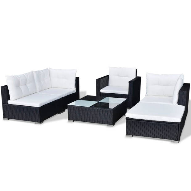 The Living Store-6-delige-Loungeset-met-kussens-poly-rattan-zwart - Tuinset