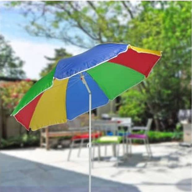 Regenboog gekleurde tuin/strand parasol 180 cm met wit voet van 42 cm - Parasols