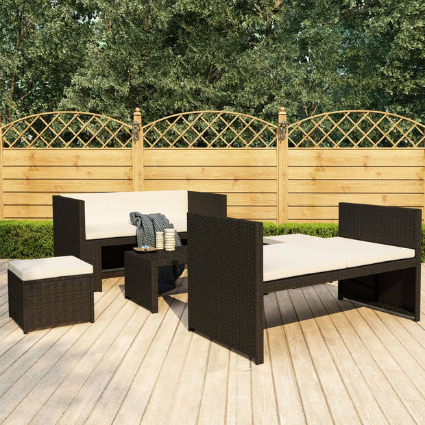 The Living Store Loungeset - zwart poly rattan en crèmewit kussen - 5-delig