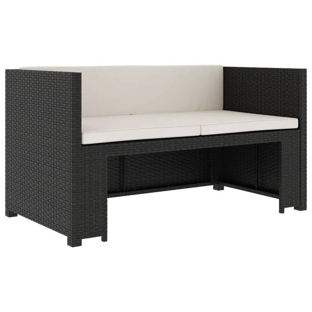 The Living Store Loungeset - zwart poly rattan en crèmewit kussen - 5-delig