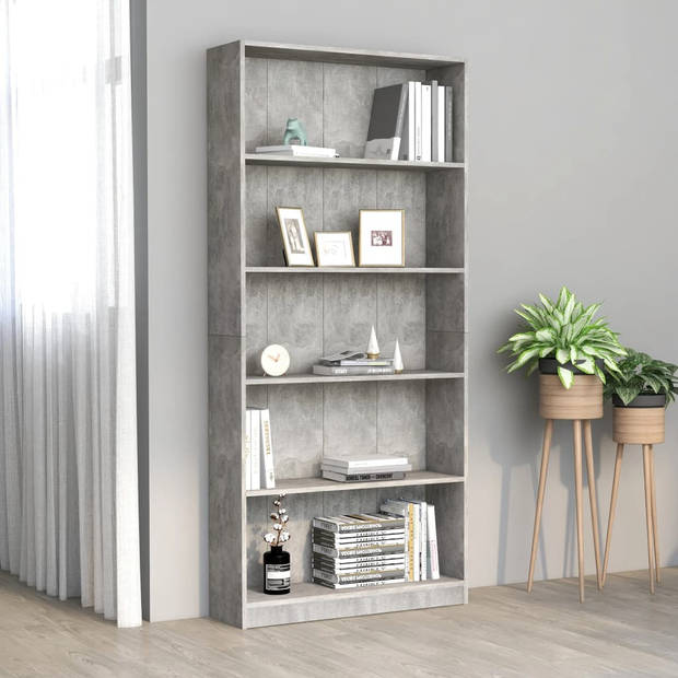 The Living Store Boekenkast - Betongrijs - 80 x 24 x 175 cm - 5-laags