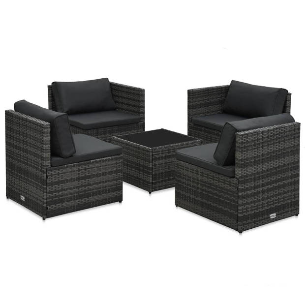 vidaXL 5-delige Loungeset met kussens poly rattan grijs