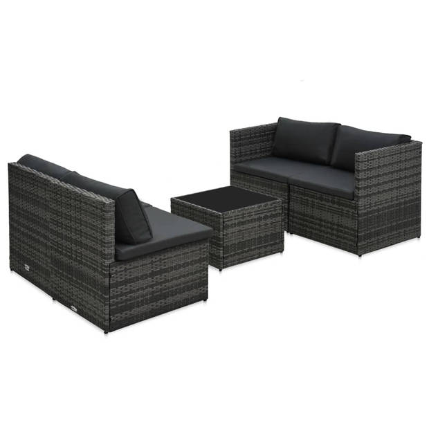 vidaXL 5-delige Loungeset met kussens poly rattan grijs