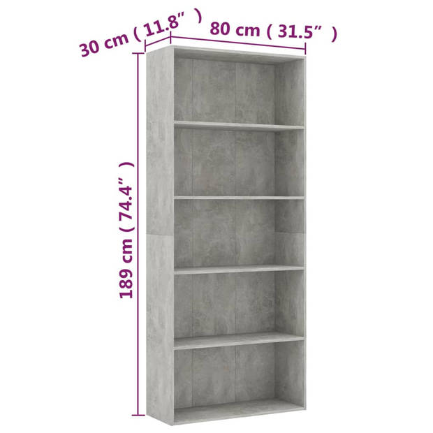 vidaXL Boekenkast met 5 schappen 80x30x189 cm bewerkt hout betongrijs