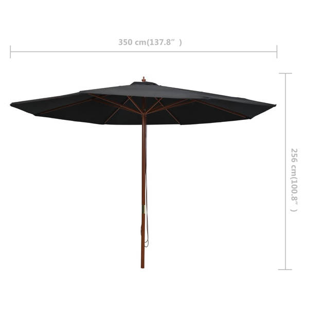 The Living Store Parasol met houten paal 350 cm zwart - Parasol