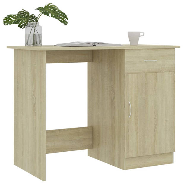 The Living Store Bureau Strak en Modern - Bureau - 100x50x76 cm - Sonoma Eiken - Met lade en deur