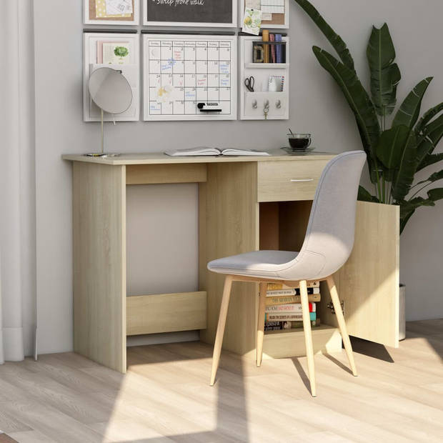 The Living Store Bureau Strak en Modern - Bureau - 100x50x76 cm - Sonoma Eiken - Met lade en deur