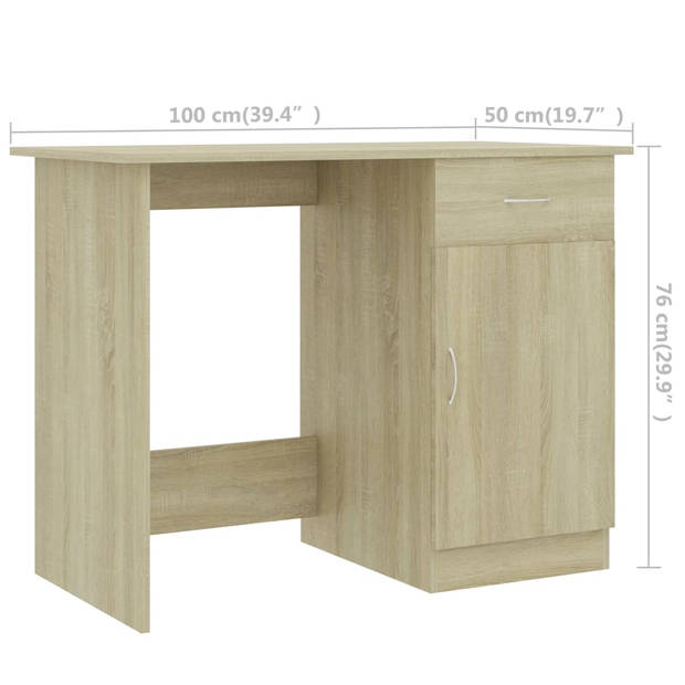 The Living Store Bureau Strak en Modern - Bureau - 100x50x76 cm - Sonoma Eiken - Met lade en deur