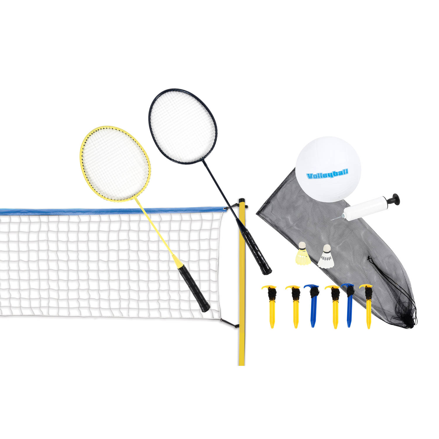 Scatch volleybal- en badmintonset met net, rackets, shuttles en bal draagtas 310 x 168 cm