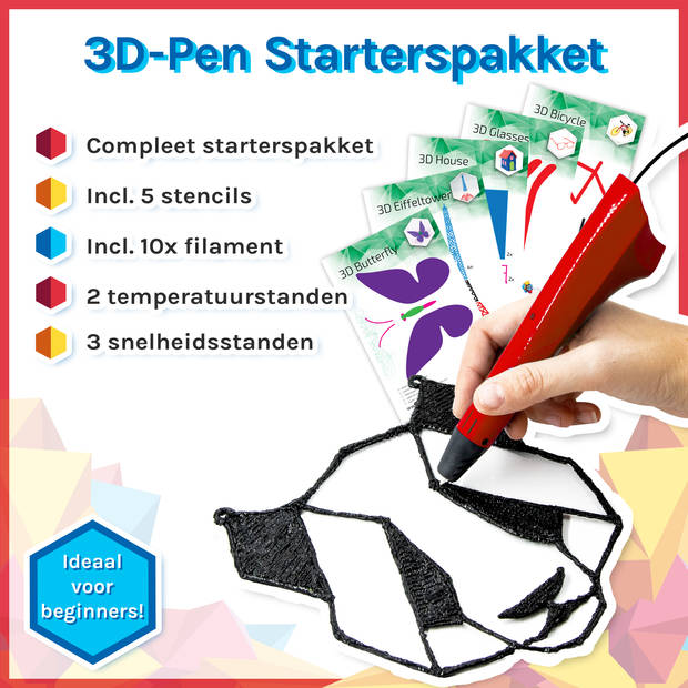 3Dandprint 3D Pen Starterspakket Zwart - Inclusief 50 Meter Filament - 5 Stencils