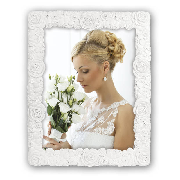 2x stuks kunststof fotolijst wit met bloemen motief geschikt voor een foto van 20 x 25 cm - Fotolijsten