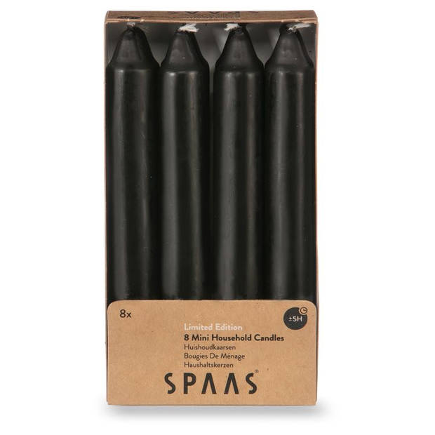 Spaas mini dinerkaarsen 8 stuks - zwart - 15,5 cm