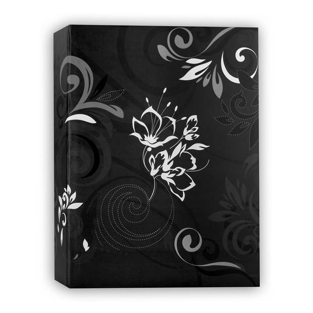 Fotoboek/fotoalbum Umbria met insteekhoesjes zwart bloemenprint voor 100 fotos 13 x 16,5 x 5 cm - Fotoalbums
