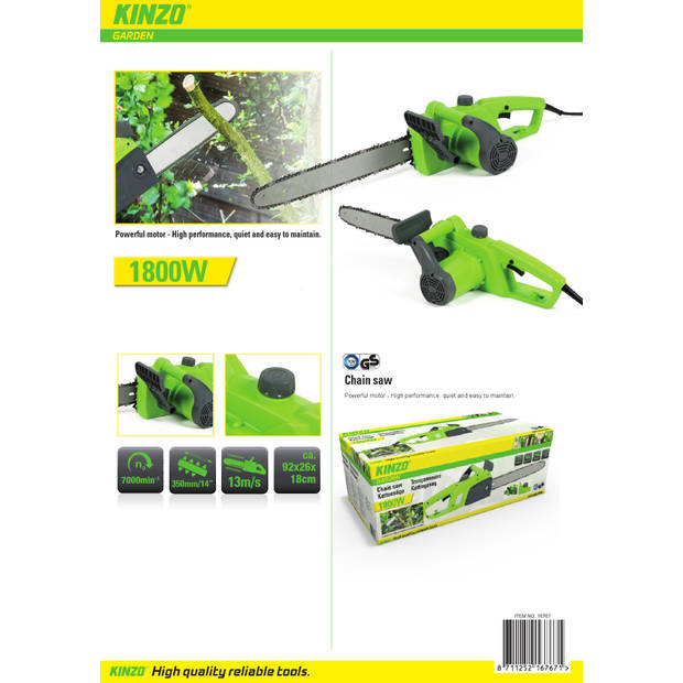 Kinzo Elektrische Kettingzaag - 1800W - Zaagblad 4"/350 MM - Voor Alle Zaagklussen - Groen
