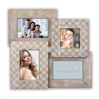 Multi fotolijst met houten frame naturel/wit vintage met 4 lijstjes geschikt voor diverse maten foto - Fotolijsten