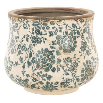 HAES DECO - Bloempot Ø 15x13 cm Beige Groen Keramiek Rond Bloemen Bloempot binnen Plantenpot Plant pot