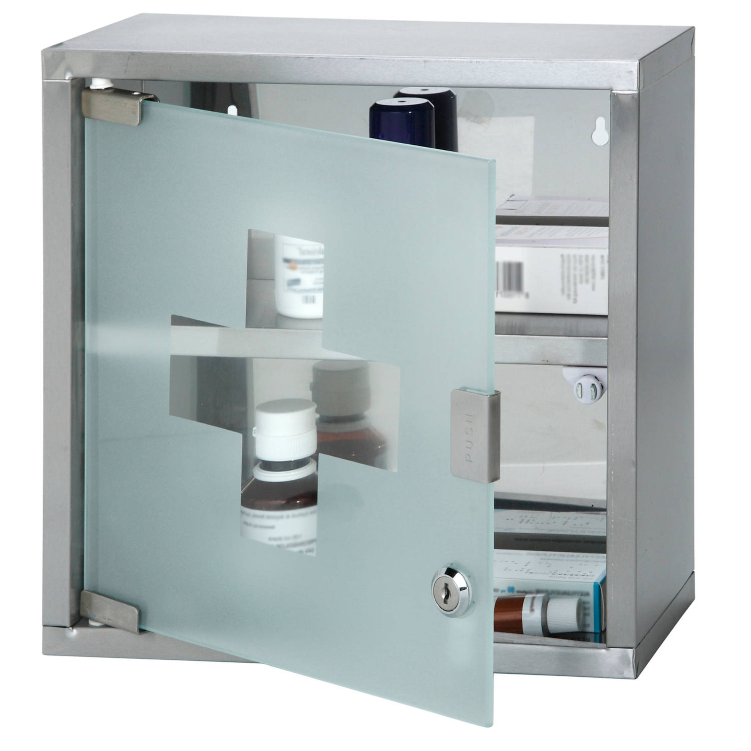Medicijnkastje - RVS - slot - 2 sleutels transparante deur - 30 x 30 x 12 cm | Blokker