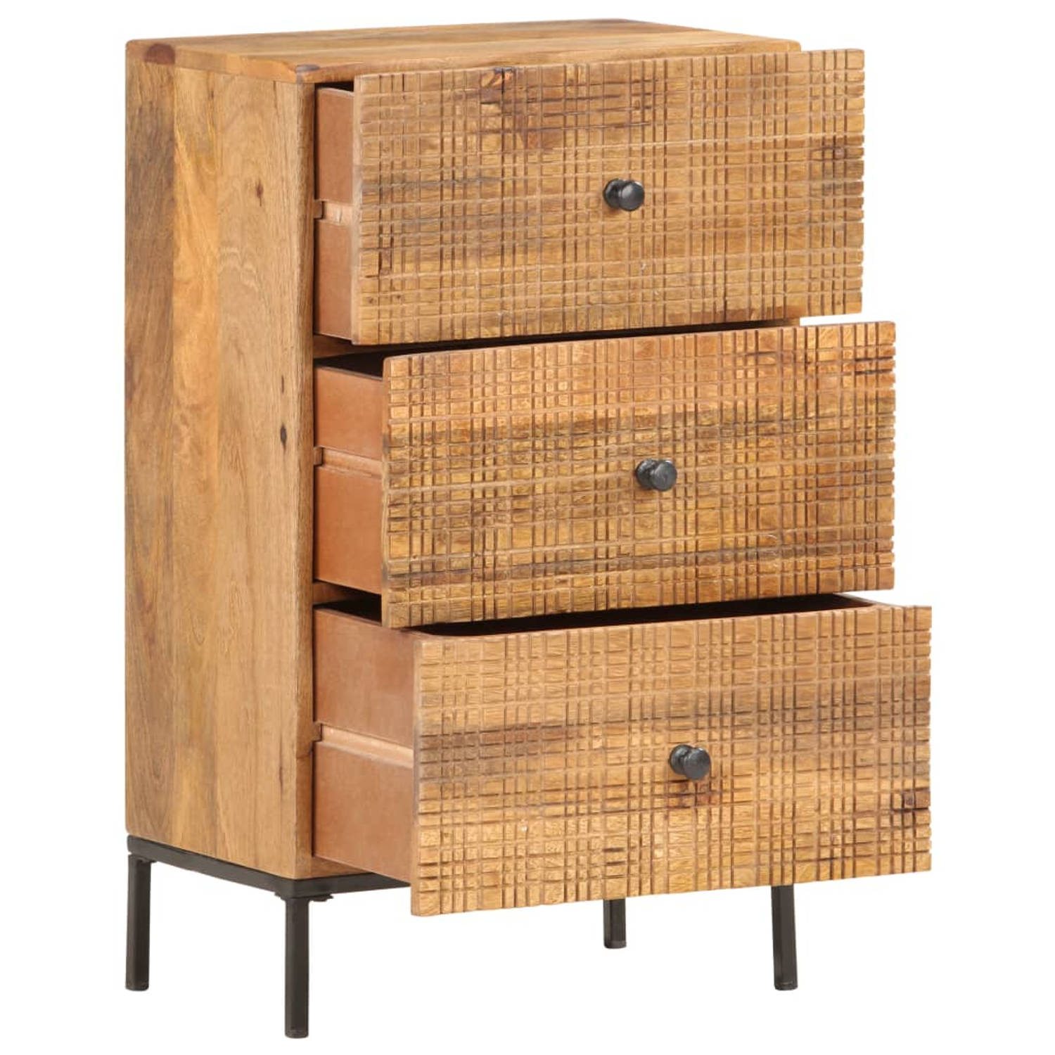 The Living Store Dressoir Vintage Style - Massief mangohout en staal - 45 x 30 x 75 cm - Handgesneden delen