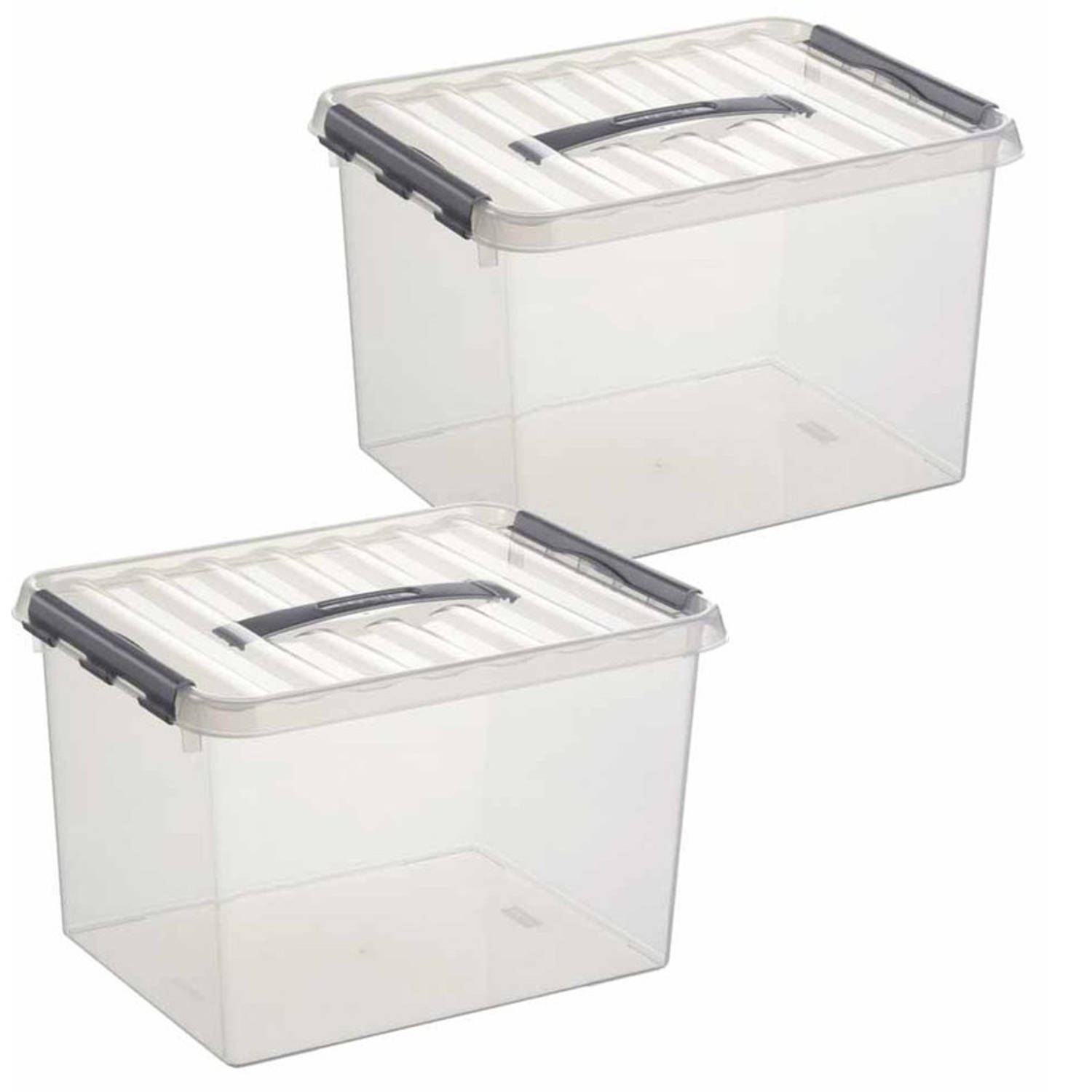 2x Sunware Q-Line opberg box-opbergdoos 22 liter 40 cm Opbergbak kunststof transparant-zilver 2 stuk