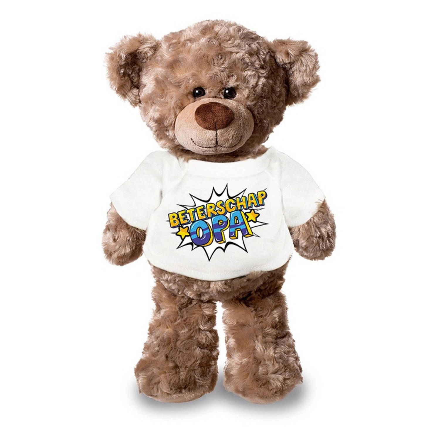Beterschap opa pluche teddybeer knuffel 24 cm met wit pop art t-shirt beterschap opa-cadeau knuffelb