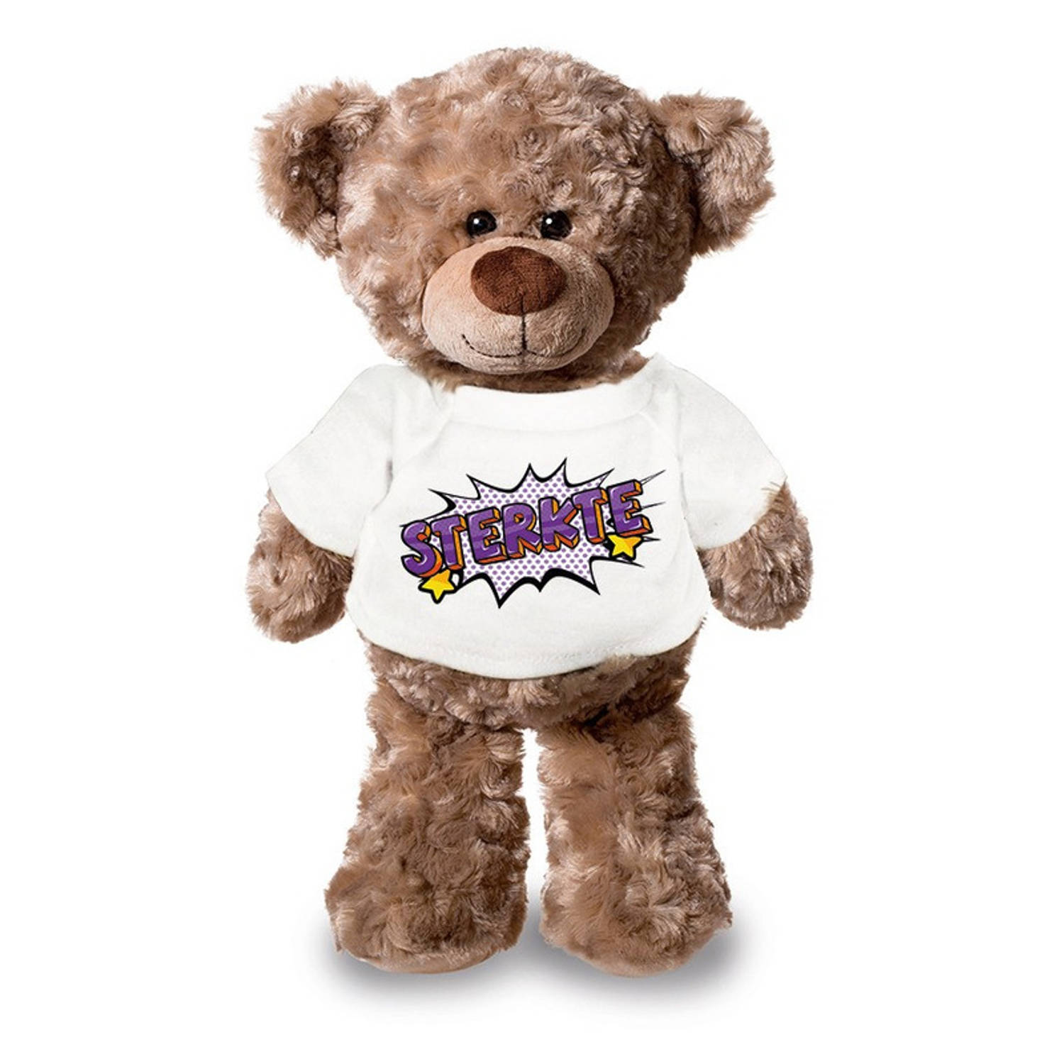 Sterkte pluche teddybeer knuffel 24 cm met wit pop art t-shirt sterkte-cadeau knuffelbeer