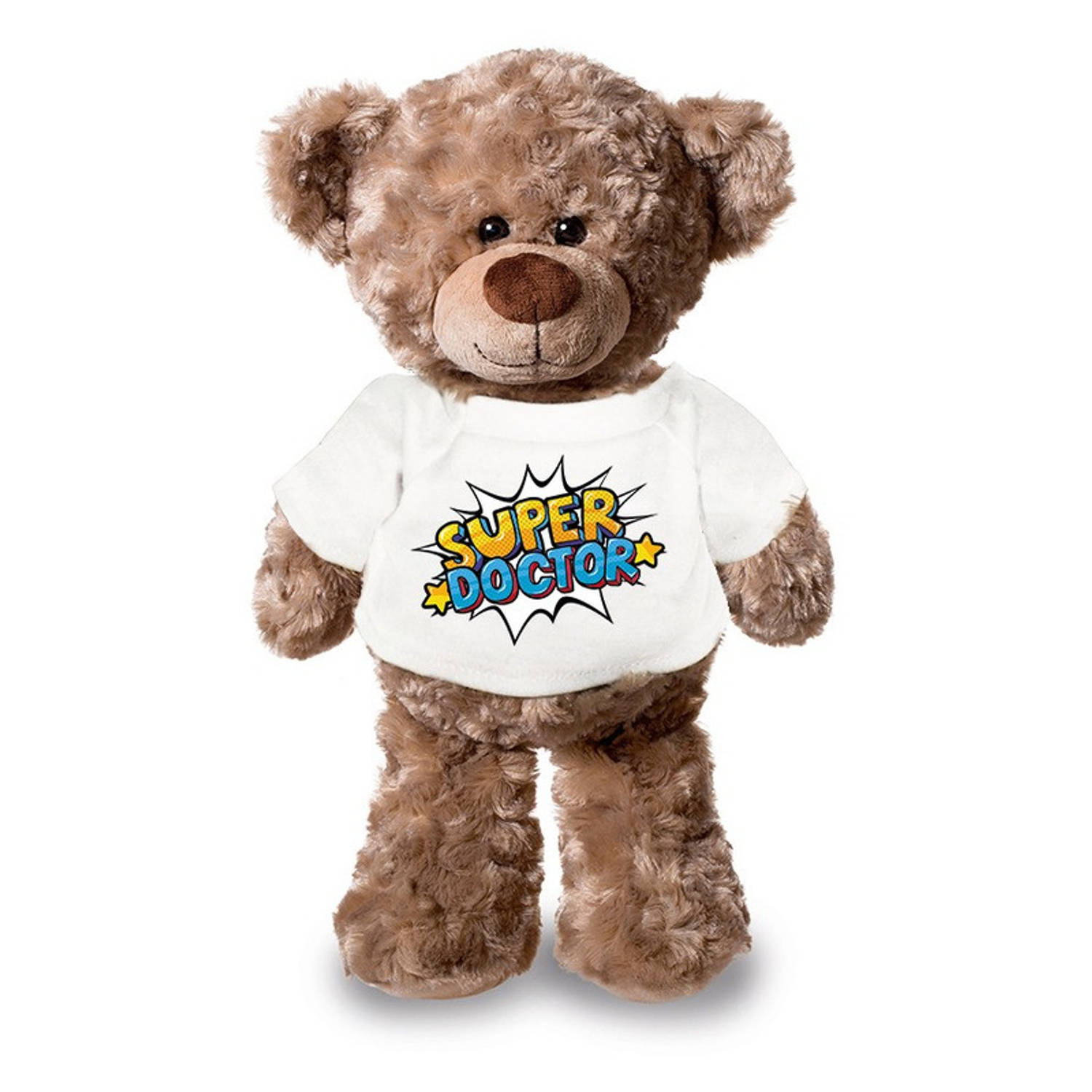 Super doctor- dokter pluche teddybeer knuffel 24 cm met wit pop art t-shirt super doctor-cadeau knuf