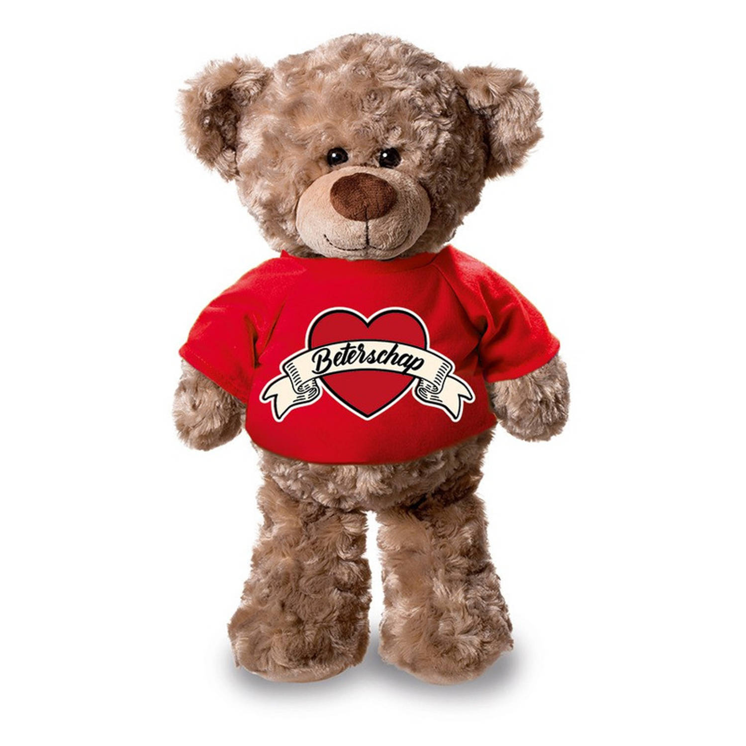 Beterschap pluche teddybeer knuffel 24 cm met rood t-shirt beterschap-cadeau knuffelbeer