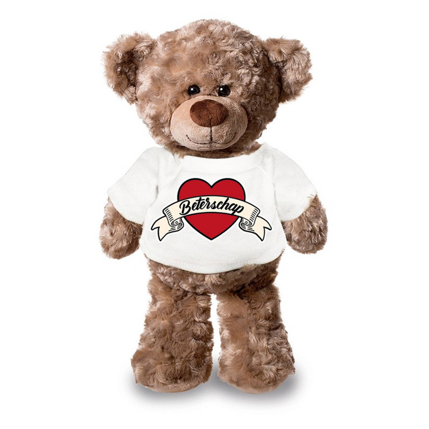 Beterschap pluche teddybeer knuffel 24 cm met wit t-shirt beterschap-cadeau knuffelbeer