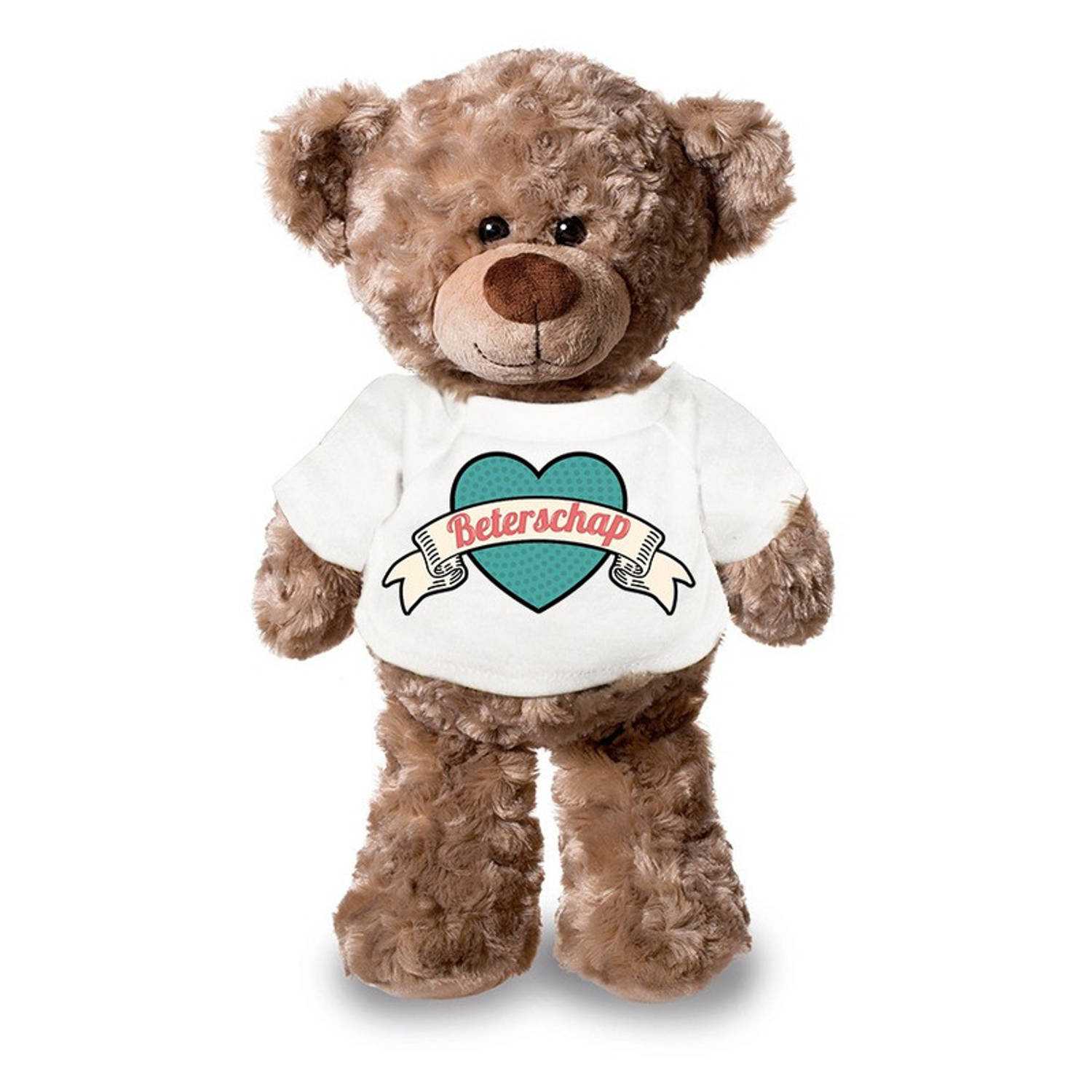 Beterschap pluche teddybeer knuffel 24 cm met wit retro t-shirt beterschap-cadeau knuffelbeer