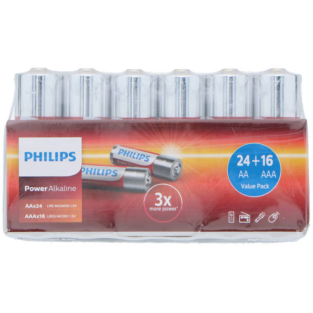 Philips Voordeelverpakking Batterijen 40 Stuks - Power Alkaline Batterijen - Incl. 24 AA-Batterijen en 16 AAA-Batterijen