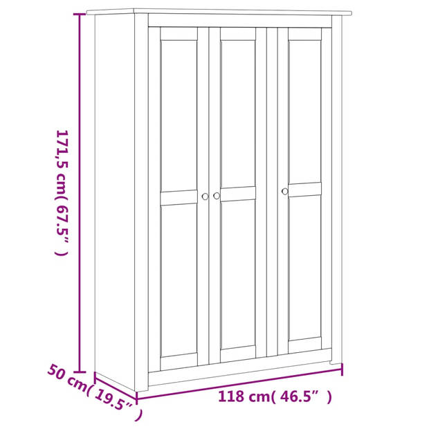 The Living Store Kledingkast 3 deuren - 118x50x171.5 cm - massief grenenhout