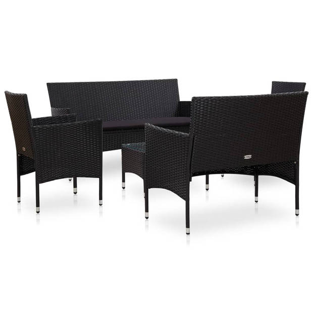 vidaXL 5-delige Loungeset met kussens poly rattan zwart