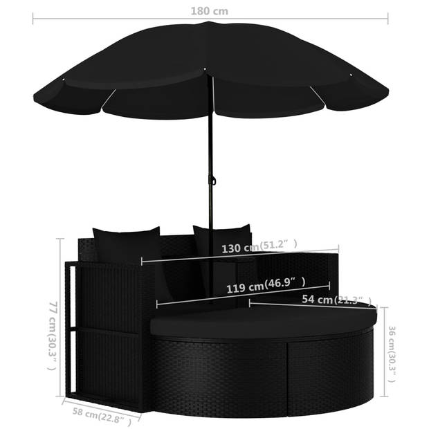 The Living Store Rattan loungeset - inclusief parasol - zwart - PE-rattan - 130 x 58 x 77 cm - 119 x 54 x 36 cm - 1.8 m