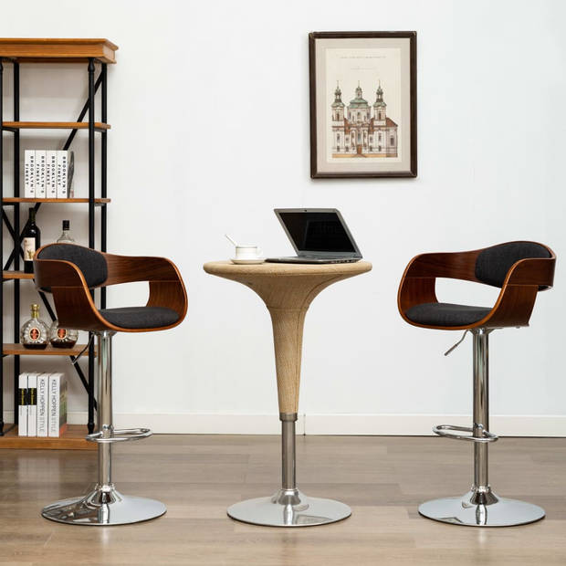 The Living Store Barstoelen - Set van 2 - Grijs en Bruin - Gebogen hout en verchroomd metaal - 49.5x50.5x87-108cm