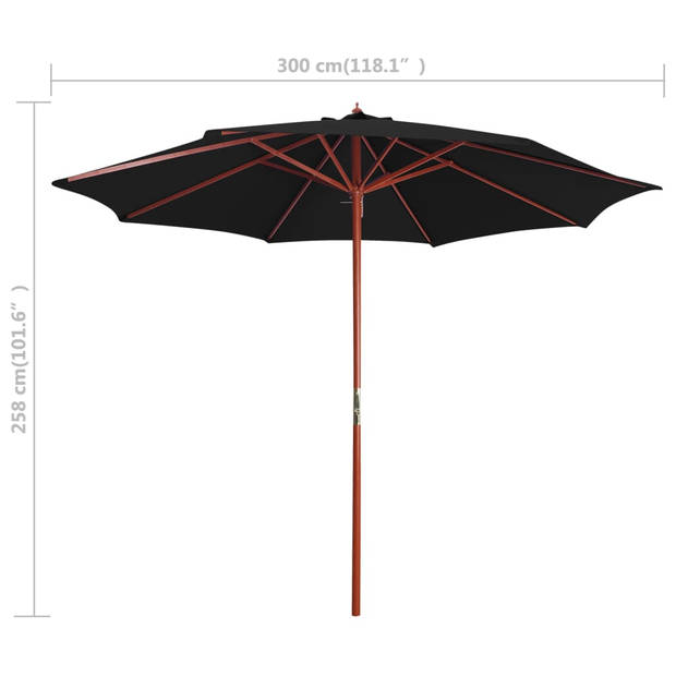 The Living Store Parasol Zwart 300 cm - UV-bestendig polyester - Houten paal - Zwengelmechanisme