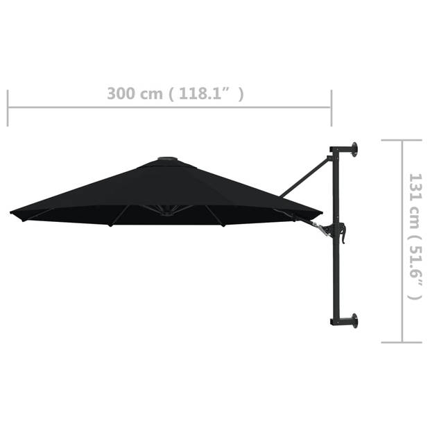 vidaXL Wandparasol met metalen paal 300 cm zwart