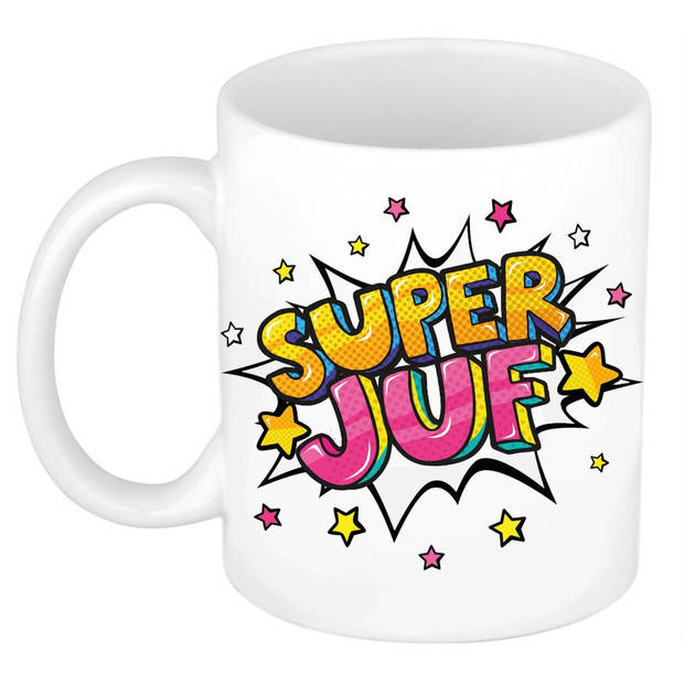 Cadeau beker Super juf pop art + beertje met hartje - Juffendag/ Juf bedankt cadeautje - feest mokken