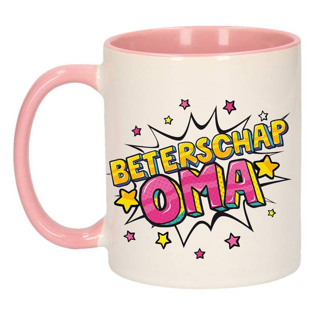 Beterschap oma cadeau mok / beker wit en roze met sterren 300 ml - feest mokken